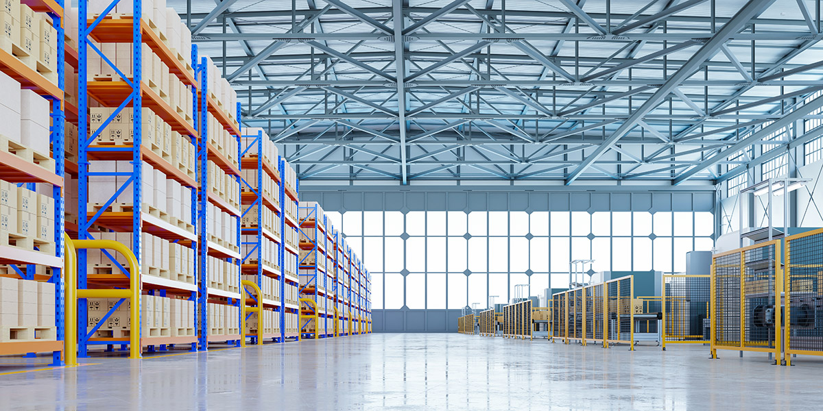 Interior of warehouse in logistic center.